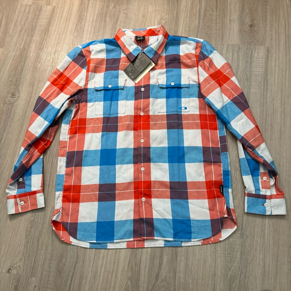 oakley mens shirt xl thermal tech plaid check polyester multi-color new tags